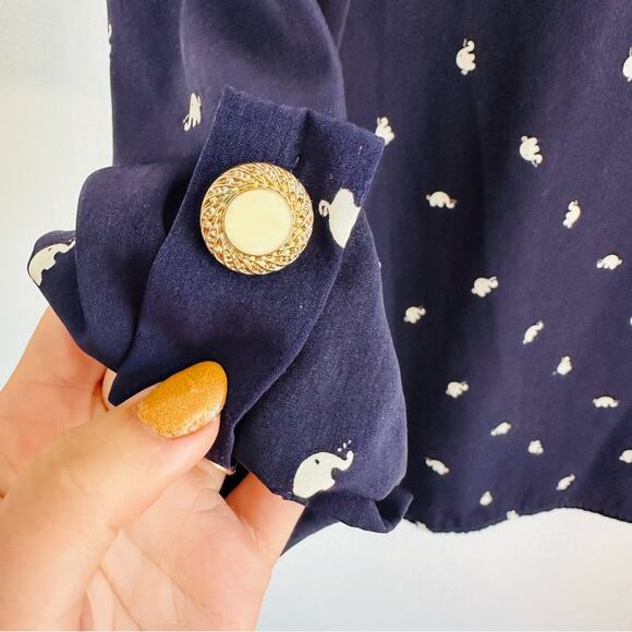 EVERLY Navy Blue White Elephant Print Button Tab Sleeve Silky Blouse Shirt Top M - Picture 9 of 10